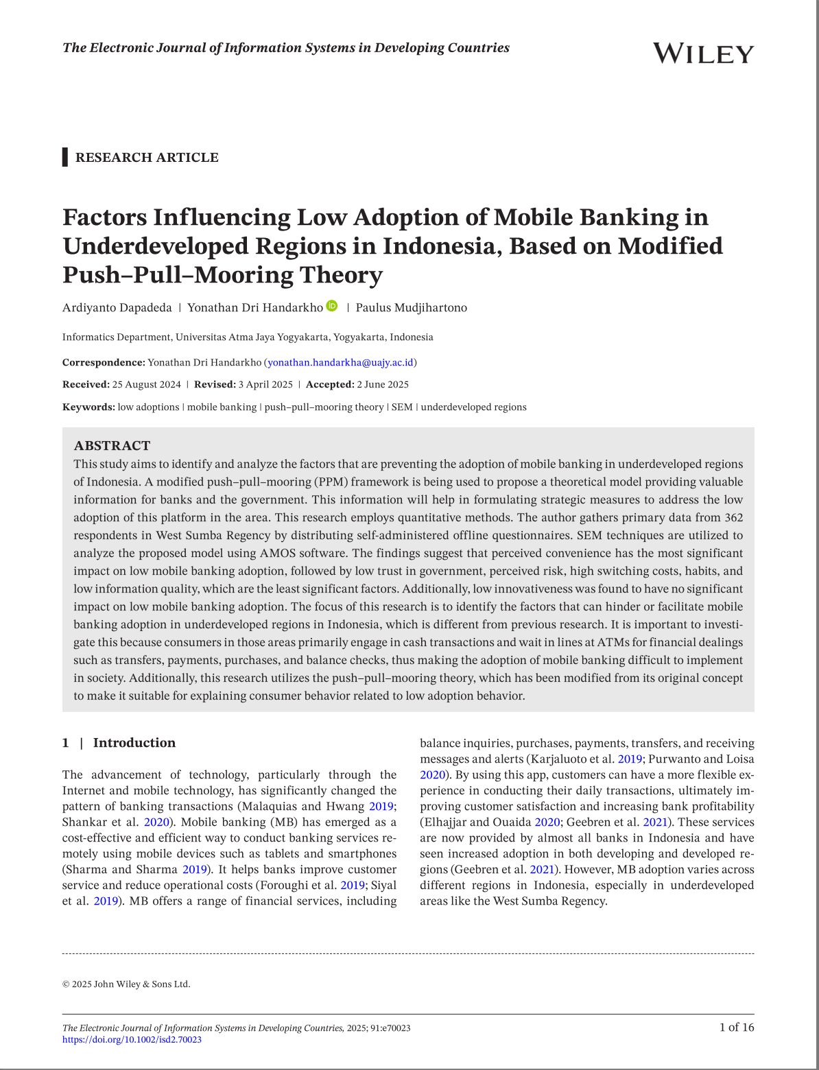 Factors Influencing Low Adoption of Mobile Banking in Underdeveloped Regions in Indonesia, Based on Modified Push–Pull–Mooring Theory